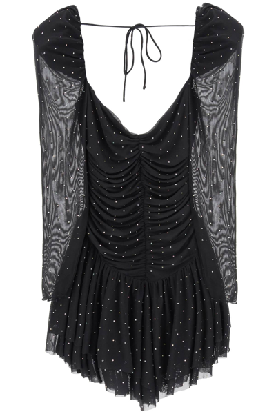 Shop Rotate Birger Christensen Mini Dress In Rhinestone-studded Mesh In Black (black)