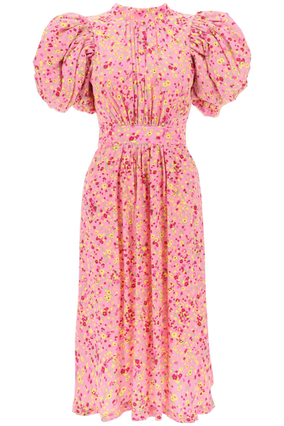 Shop Rotate Birger Christensen Jacquard Dress With Puffy Sleeves In Fuchsia Pink Comb (pink)