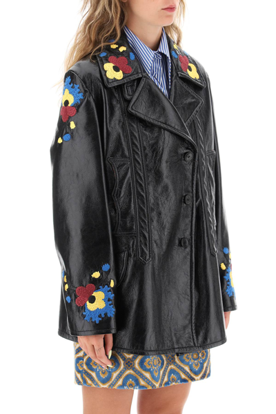 Shop Etro Jacket In Patent Faux Leather With Floral Embroideries In Black (black)