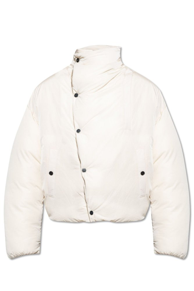 Shop Jacquemus Asymmetric Buttoned Highneck Puffer Jacket In White