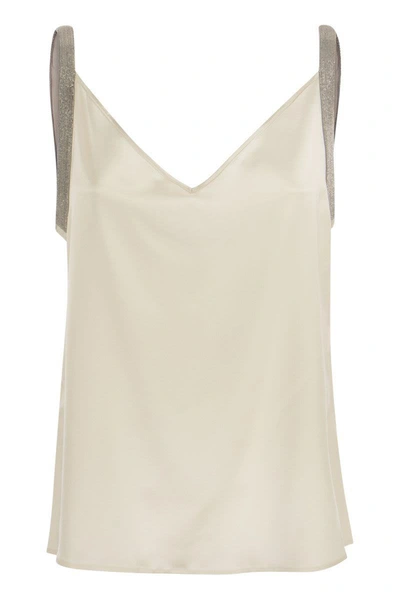 Shop Fabiana Filippi Silk Top With Jewelled Straps In Ivory