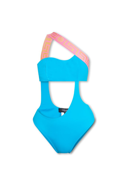 Shop Versace Greca Cut Out Detailed Swimsuit In Blue