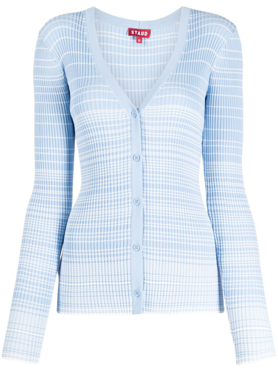 Shop Staud Cargo Sweater Striped Ribbed-knit Cardigan In Blue