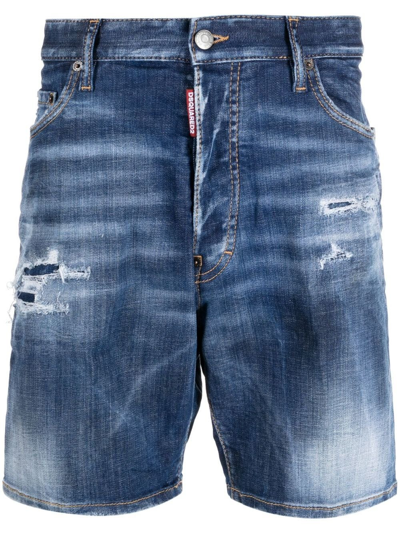 Shop Dsquared2 Stonewashed Blue Shorts With Ripped Detail In Jeans