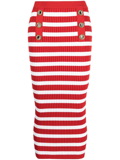 Shop Balmain Red Striped Ribbed Knit Midi Skirt