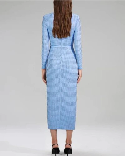Pre-owned Self-portrait Us Seller 100% Auth Guarantee Usa 0,2,4,6,8 Blue Jersey Rhinestone Midi Dress