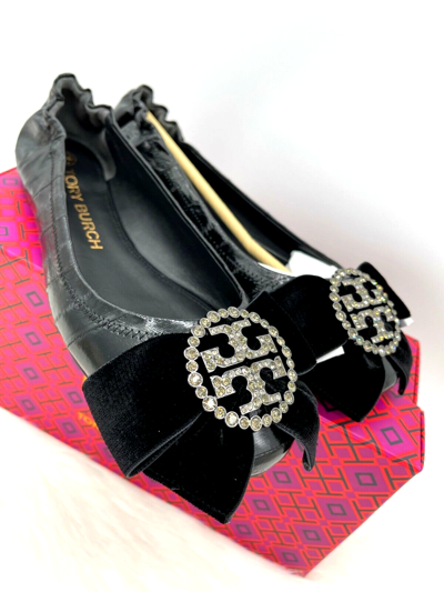 Pre-owned Tory Burch $358  Crystal Embellished Logo Black Leather Ballet Flats 9m