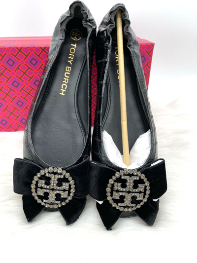 Pre-owned Tory Burch $358  Crystal Embellished Logo Black Leather Ballet Flats 9m