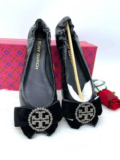 Pre-owned Tory Burch $358  Crystal Embellished Logo Black Leather Ballet Flats 9m