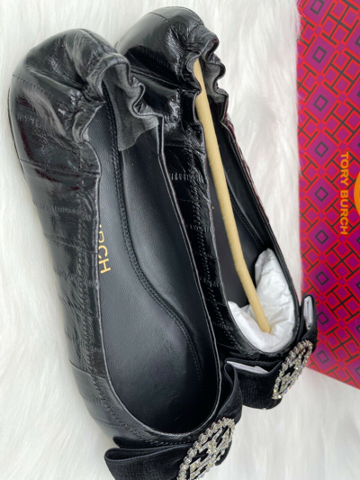 Pre-owned Tory Burch $358  Crystal Embellished Logo Black Leather Ballet Flats 9m