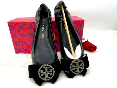 Pre-owned Tory Burch $358  Crystal Embellished Logo Black Leather Ballet Flats 9m