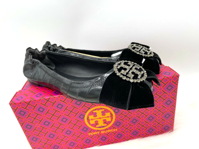 Pre-owned Tory Burch $358  Crystal Embellished Logo Black Leather Ballet Flats 9m