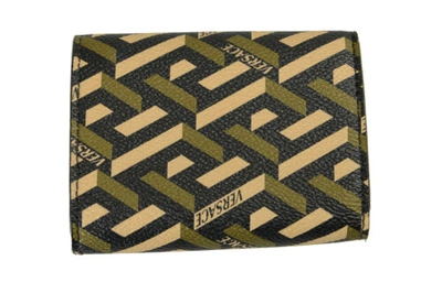 Pre-owned Versace Mens "la Greca" Coated Canvas & Leather Logo Print Bifold Wallet In Black/green