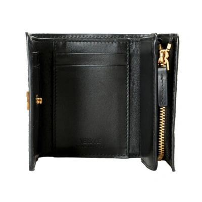 Pre-owned Versace Mens "la Greca" Coated Canvas & Leather Logo Print Bifold Wallet In Black/green