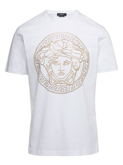 Shop Versace White Crewneck T-shirt With Studded Medusa In Cotton Man