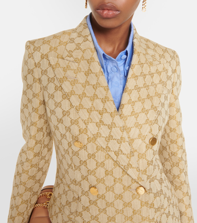 Shop Gucci Gg Jacquard Linen-cotton Blazer In Beige