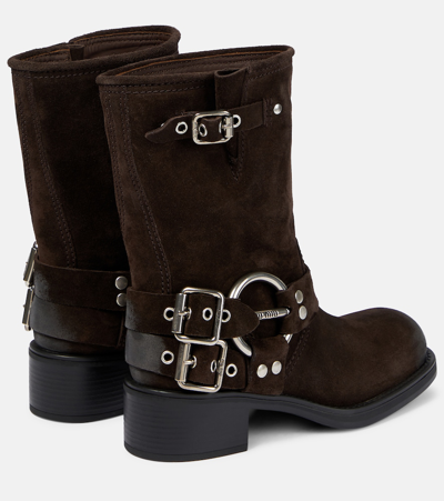 Miu Miu Suede Harness Biker Ankle Booties In Brown
