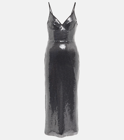 Shop David Koma Sequined Pencil Midi Dress In Silver