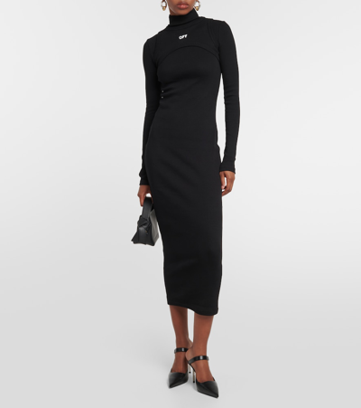 Shop Off-white High-neck Cotton-blend Midi Dress In Black