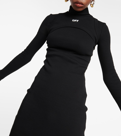 Shop Off-white High-neck Cotton-blend Midi Dress In Black