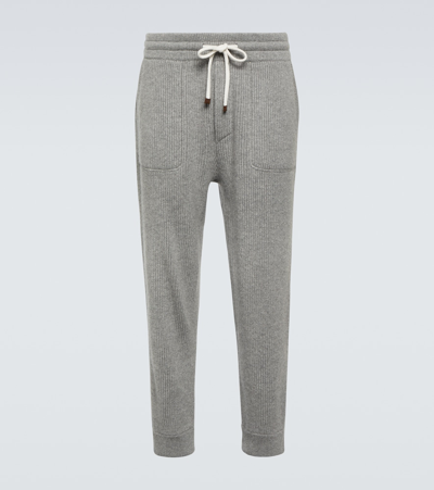 Shop Brunello Cucinelli Ribbed-knit Cashmere Sweatpants In Grey