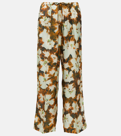 Shop Dries Van Noten Floral Silk Wide-leg Pants In Brown