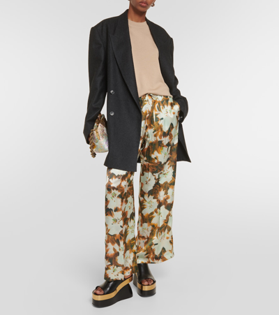 Shop Dries Van Noten Floral Silk Wide-leg Pants In Brown