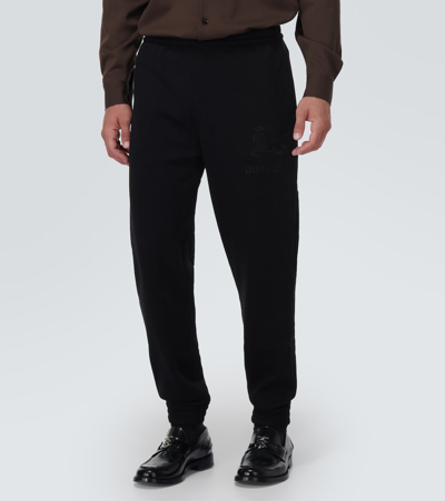 Shop Burberry Embroidered Cotton Sweatpants In Black