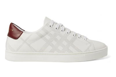 Pre-owned Burberry Perforated Check Leather Sneakers White Deep Claret Melange In White/brown