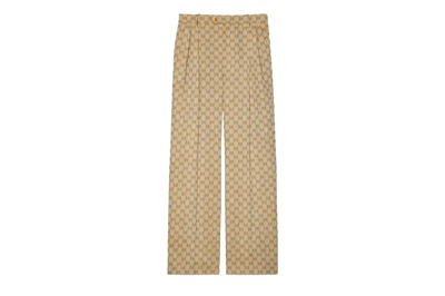 Pre-owned Gucci Gg Linen Cotton Jacquard Trousers Beige