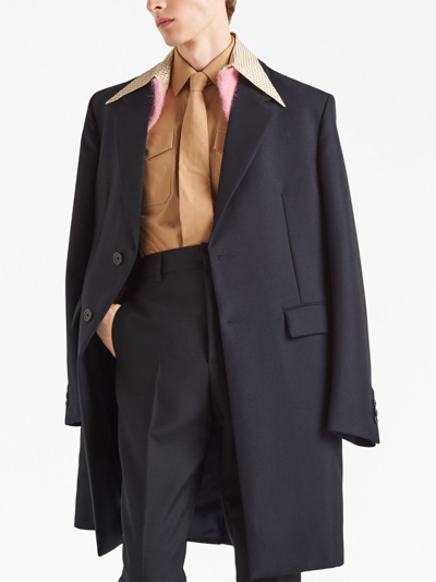 Shop Prada Contrasting-collar Single-breasted Coat In Blue