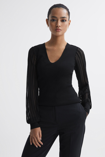 Reiss Brooklyn Sheer Sleeve Mixed Media Sweater In Black