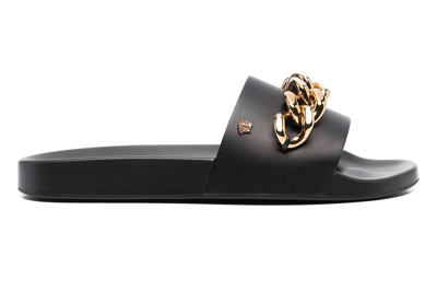 Pre-owned Versace Medusa Chain Slide Black Leather