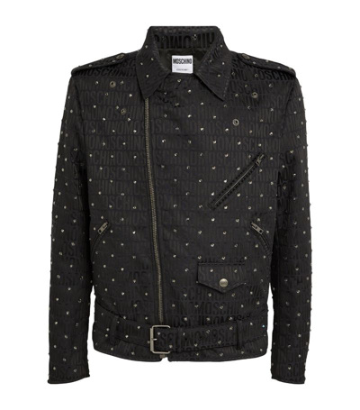 Shop Moschino Crystal-embellished Biker Jacket In Black