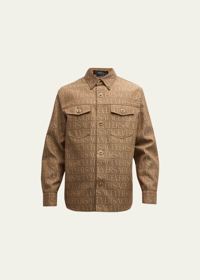 Shop Versace Men's Long-sleeve Tech Canvas Allover Logo Shirt In Brownbeige