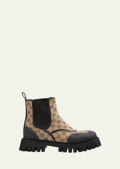 Shop Gucci Men's Novo Gg Canvas Chelsea Boots In Beige