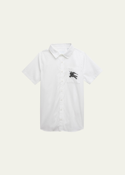 Shop Burberry Boy's Owen Embroidered Equestrian Knight Design Shirt In White