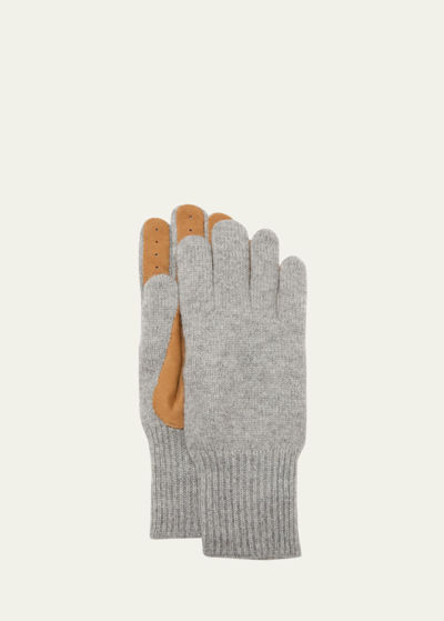 Shop Brunello Cucinelli Men's Suede-palm Cashmere Knit Gloves In Cz627 Light Grey
