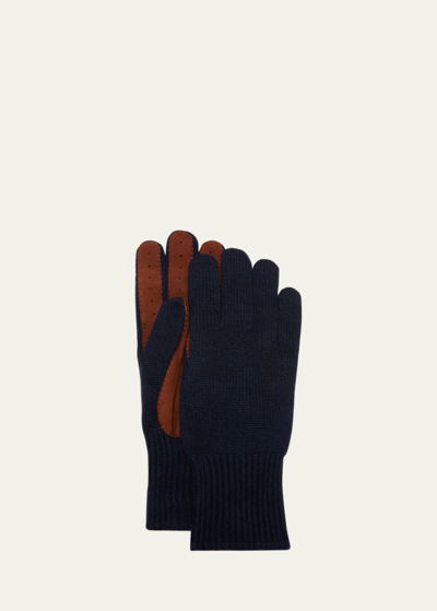 Shop Brunello Cucinelli Men's Suede-palm Cashmere Knit Gloves In Cn000 Navy