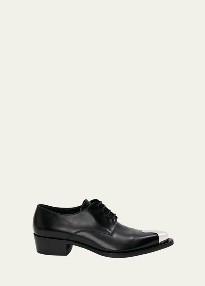 Shop Alexander Mcqueen Men's Metallic-toe Leather Derby Shoes In Black/silver