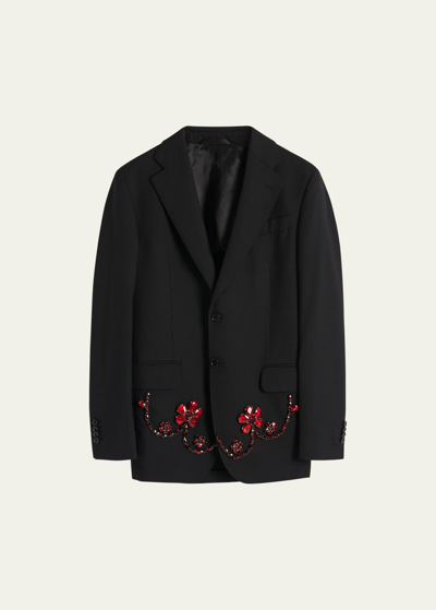 Shop Simone Rocha Men's Crystal-embellished Floral Sport Coat In Black/blood Red