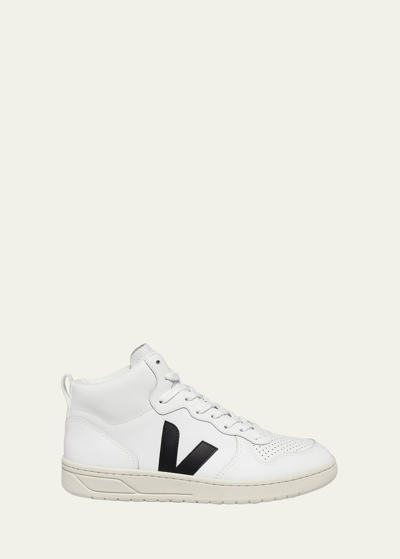 Shop Veja Men's V-15 High-top Leather Sneakers In White/black