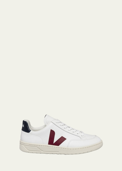 Shop Veja Men's V-12 Leather Sneakers In White/marsala/nau