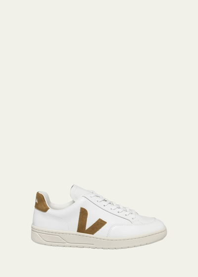 Shop Veja Men's V-12 Leather Sneakers In White/camel