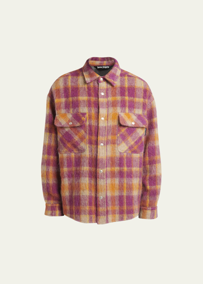 Shop Palm Angels Men's Brushed Wool-mohair Plaid Overshirt In Burgundy