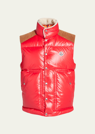 Shop Moncler Men's Ardeche Corduroy Yoke Puffer Vest In Red