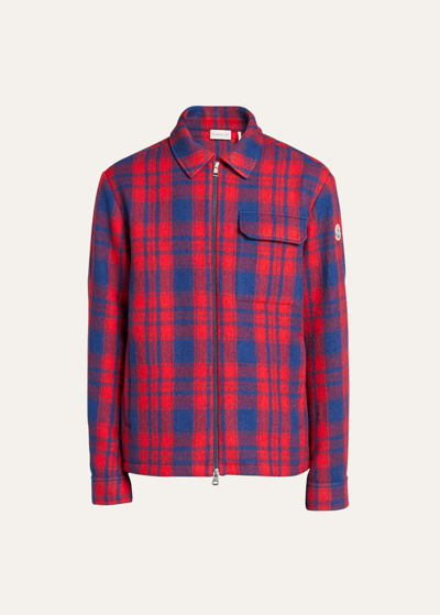 Shop Moncler Men's Plaid Wool Flannel Shirt Jacket In Red