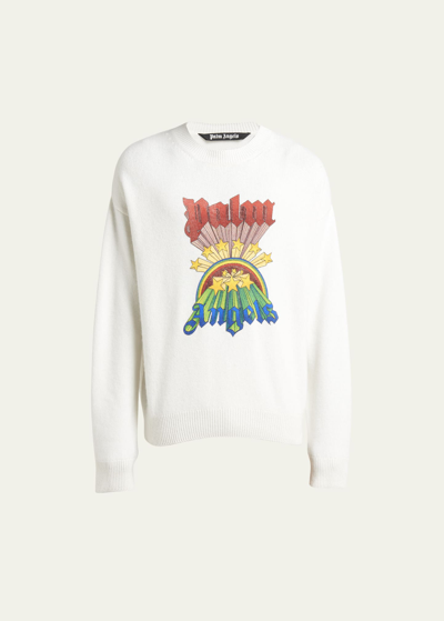 Shop Palm Angels Men's Rainbow Logo Wool-blend Sweater In Butter Multi