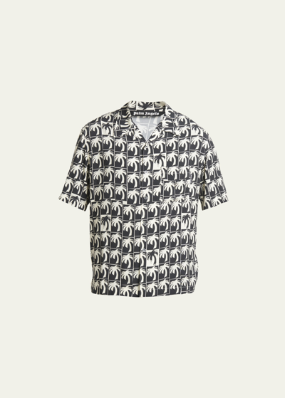 Shop Palm Angels Men's Dripping Palms Camp Shirt In Black/off-white