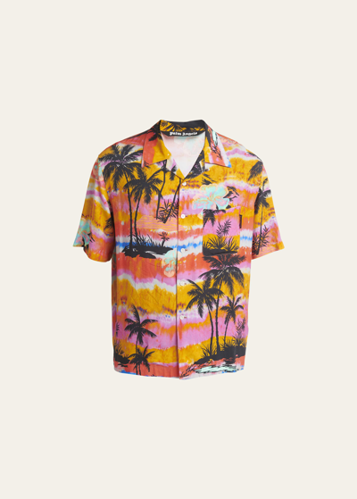 Shop Palm Angels Men's Psychedelic Palms Camp Shirt In Fuchsia Multi